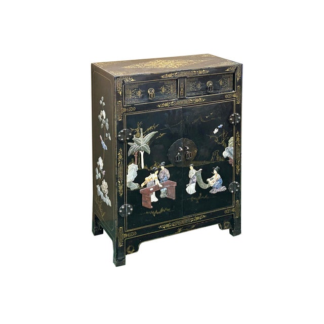 Asian Vintage Chinoiseries Black & Stone Inlay Graphic End Table Nightstand For Sale - Image 3 of 15