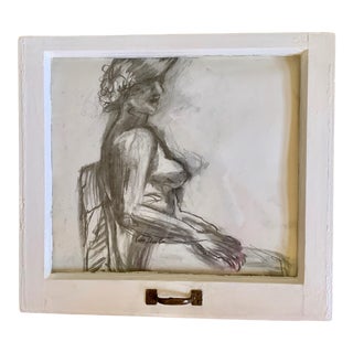 "Lady in the Window" Contemporary Figurative Charcoal Drawing, Framed For Sale