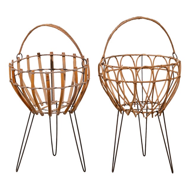 Italian Iron and Bamboo Baskets, 1950s, Set of 2 For Sale