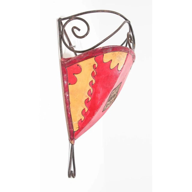 Vintage Moroccan Berber Painted-Hide Wall Sconce Shade, Iron Frame For Sale In Palm Springs - Image 6 of 11
