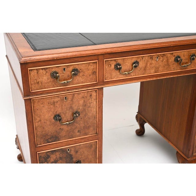 Antique Burr Walnut Pedestal Desk with Leather Top, 1930 For Sale - Image 6 of 9