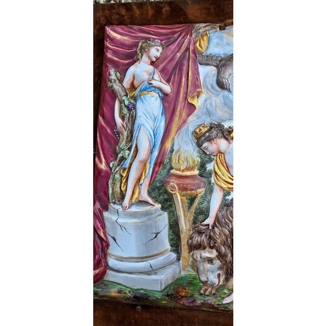 Large Capodimonte porcelain plaque (Italy) in bas-relief with polychrome enamel decoration depicting a neoclassical scene....