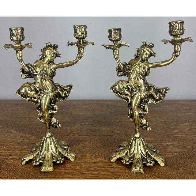 Gold Vintage French Brass Candleholders, Set of 2 For Sale - Image 8 of 8