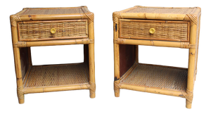 Bamboo Cube Nightstands with Drawers and Shelves, 1960, Set of 2