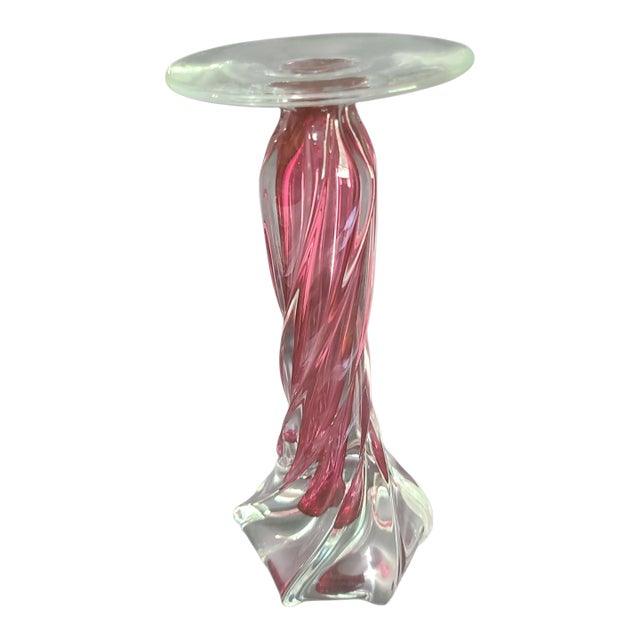Late 20th Century Italian Art Glass Pink Cranberry & Clear Candle Pedestal Stand For Sale