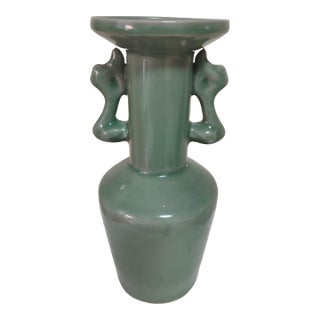 Chinese Ceramic Vase Longquan Ware Celadon Vase Hand Carved Double Dragon Ears For Sale