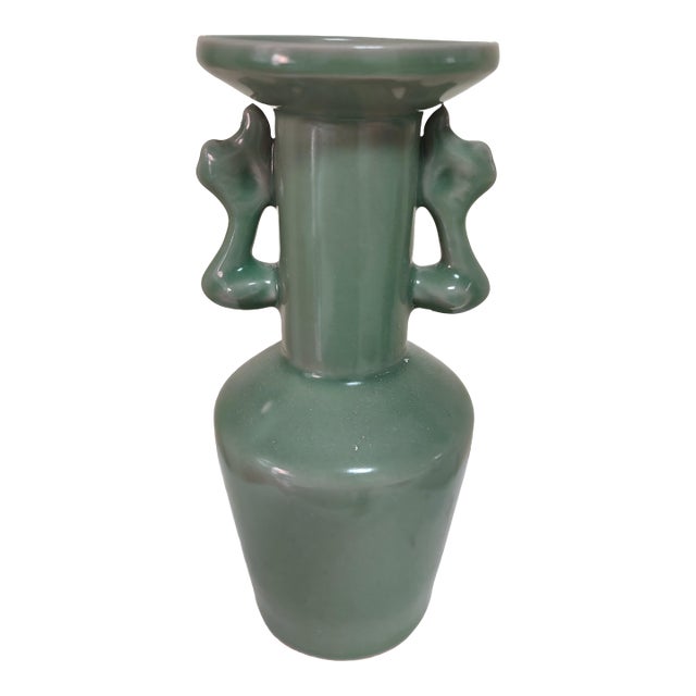 Chinese Ceramic Vase Longquan Ware Celadon Vase Hand Carved Double Dragon Ears For Sale