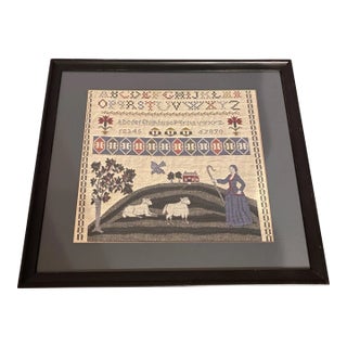 1800s Antique Woven Sampler Tapestry Textile Needlework For Sale