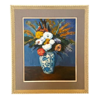 Vintage Oil Painting Reproduction of "Dahlias in Delft Vase" For Sale