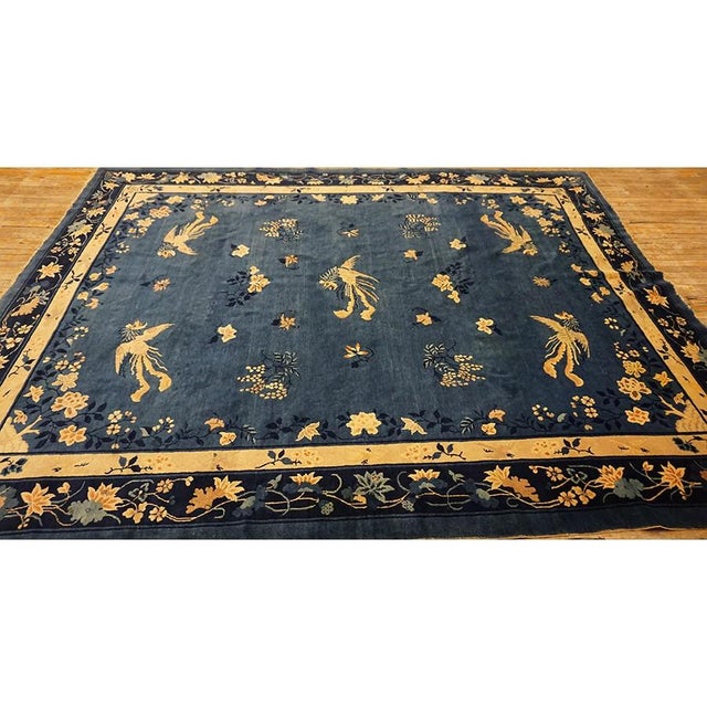 Chinese Blue Floral Bird Chinese Peking Knotted Room Size Blue Wool Antique 1920s Rug For Sale - Image 3 of 9
