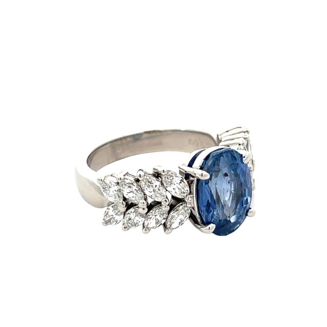 Metal Platinum 3.40 Carat Weight Natural Sapphire & 0.98 CTW Marquise Diamond Ring, Size 4.5 For Sale - Image 7 of 10