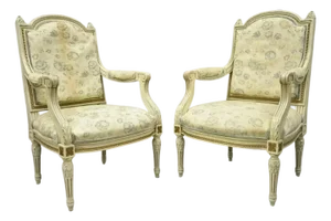 Vintage French Louis XVI Style Cream Painted Gold Gilt Lounge Arm Chairs - Pair
