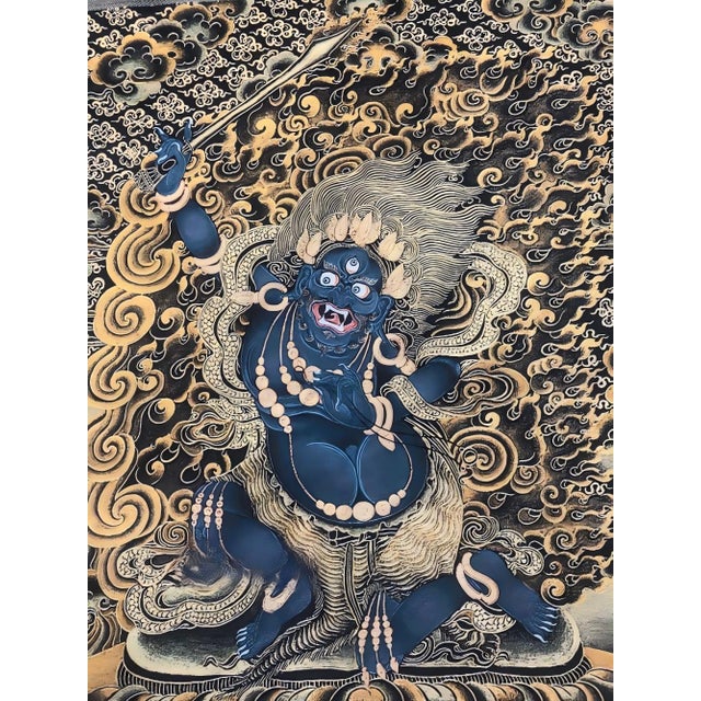 Xizang Embroidery and Brocade Thangka Buddha Painting - Wrathful Deity Protector Wall Art - Hand Painted Buddhist Sacred Scroll Mid 20th Century For Sale - Image 4 of 6