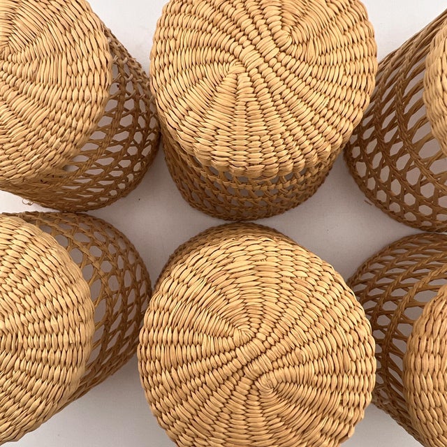 Wood Vintage Woven Rattan Wicker Glass Holders Coastal Barware - Set of 6 For Sale - Image 7 of 11