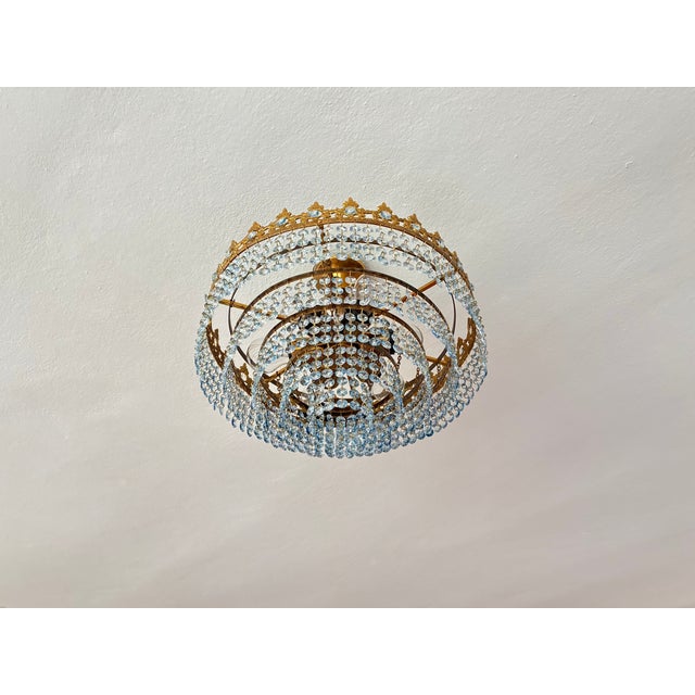 1960s Vintage French Crown Style Flush Mount Brass Chandelier With Soft Blue Crystals⁠ For Sale - Image 16 of 17