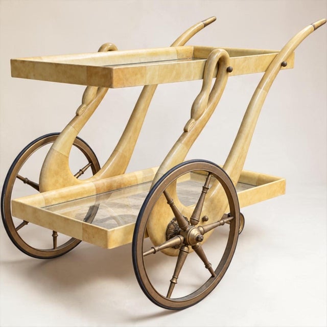 Italian Art Deco Modern Aldo Tura Swan Form Lacquered Goatskin Bar Cart For Sale - Image 9 of 9