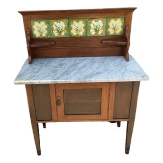 Antique Vanity Cabinet With Marble Top and Decorative Tiles For Sale