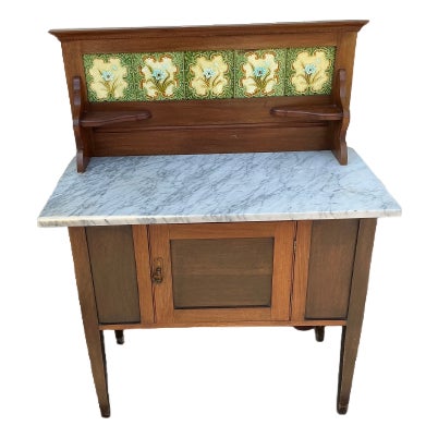 Antique Vanity Cabinet With Marble Top and Decorative Tiles For Sale