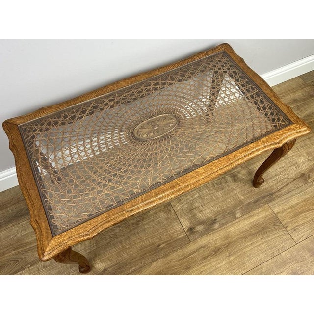 Brown Vintage French Carved Oak Coffee Table with Glass Top For Sale - Image 8 of 14