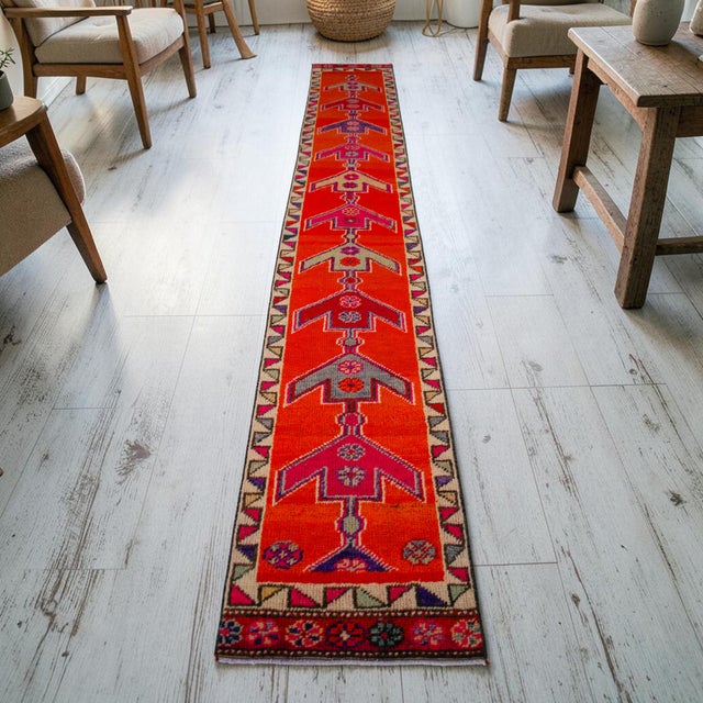 Shabby Chic Hand-Knotted Turkish Runner Rug. Bright Orange Narrow Hallway Decor Kitchen Rug - 2' X 12'4" For Sale - Image 3 of 16