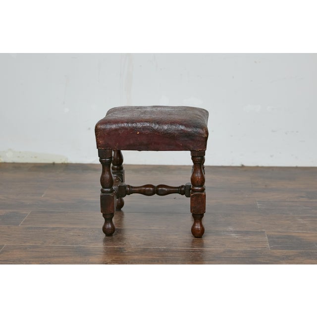 English 19th Century English Oak Footstool with Leather Seat and Turned Legs For Sale - Image 3 of 9