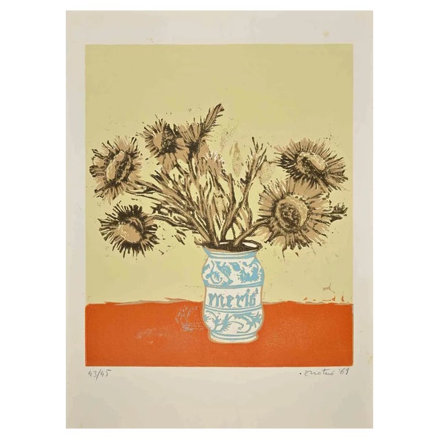 Enotrio Pugliese, Still Life with Vase of Flowers, Etching, 1969 For Sale