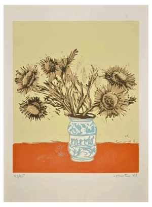 Enotrio Pugliese, Still Life with Vase of Flowers, Etching, 1969