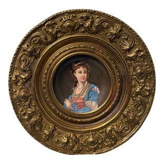 Antique 19th Century Hand-Painted Porcelain Miniature Portrait Plaque in Ornate Brass Fram For Sale