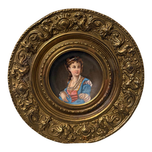 Antique 19th Century Hand-Painted Porcelain Miniature Portrait Plaque in Ornate Brass Fram For Sale
