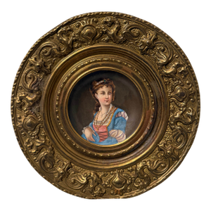Antique 19th Century Hand-Painted Porcelain Miniature Portrait Plaque in Ornate Brass Fram