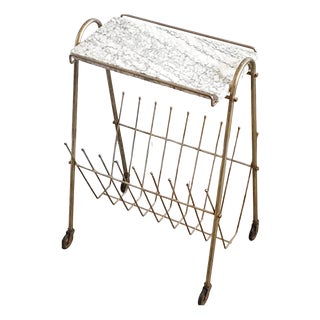 Vintage Brass and Marble Rolling Magazine Rack, 1950s For Sale