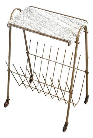 Vintage Brass and Marble Rolling Magazine Rack, 1950s