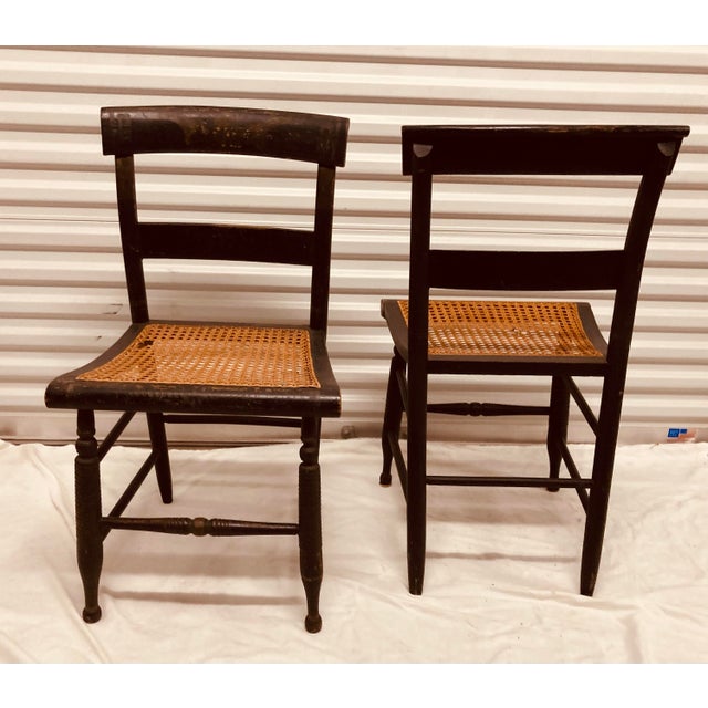 Wood Antique Pair Hitchcock Chairs Black With Faded Greek Key Painting on Top of Chair Backs Cane Seats For Sale - Image 7 of 11