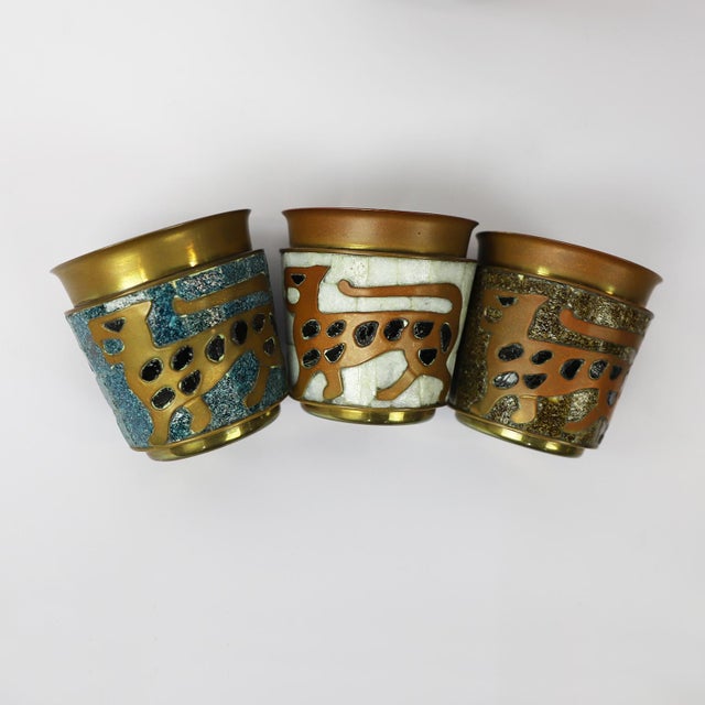 We offer this fantastic mosaic and brass pitcher with glasses designed by Salvador Teran in excellent vintage conditions,...