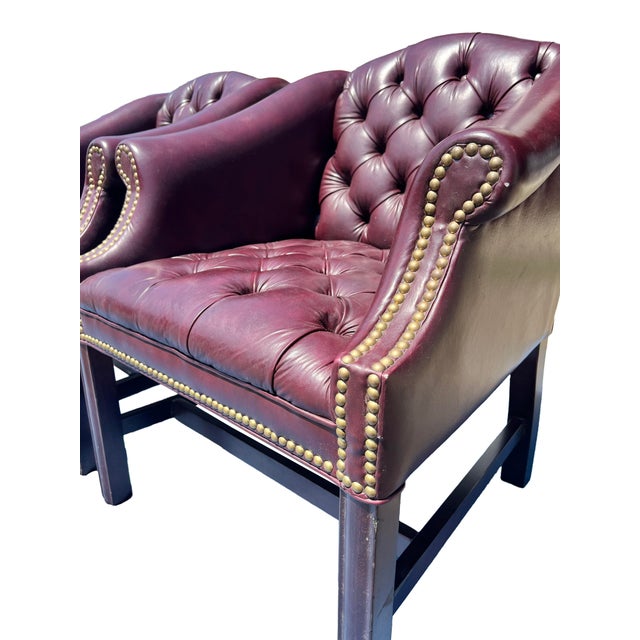 1990s Vintage Tufted Chesterfield Style Pair Chairs With Brass Rivets For Sale - Image 5 of 9