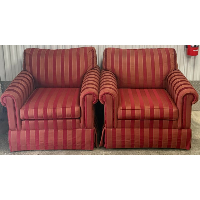 Traditional Ethan Allen Upholstered Rolled Arm Skirted Lounge Chairs - A Pair For Sale - Image 3 of 8