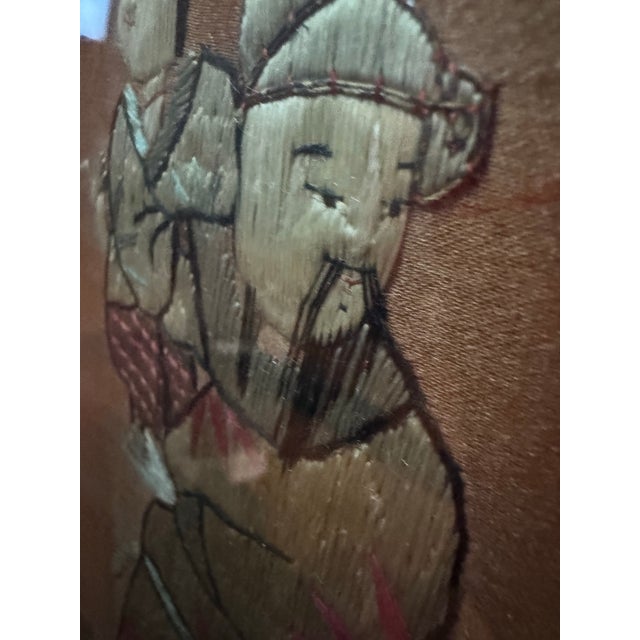 Burgundy Late Qing Dynasty Silk & Gold Couchwork Panel: The Sanxing Deities, C. 1890 For Sale - Image 8 of 11