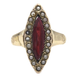 Antique Victorian 14k Gold Garnet and Seed Pearl Navette Ring, Size 5 For Sale