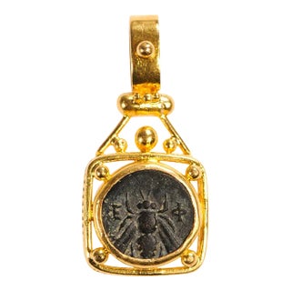 4th Century Greek Bronze Coin W 22 Karat Gold Setting For Sale