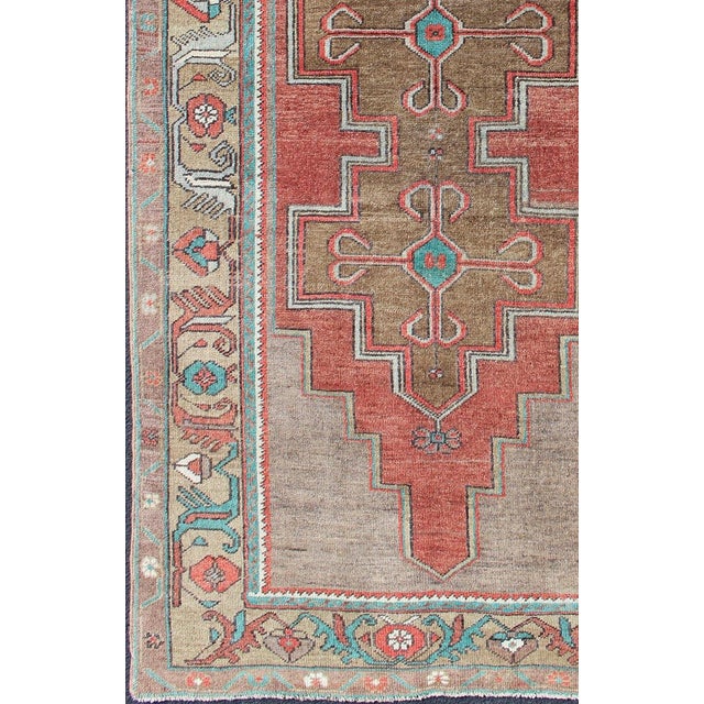 Measures: 4'2 x 7'5. Vintage Turkish Oushak Rug in Warm Terracotta, Olive Brown, and Aqua Blue. Keivan Woven Arts / rug...