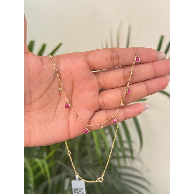 14k Yellow Gold Ruby Drop Station Necklace With Diamond Accents Layering Jewelry For Sale In New York - Image 6 of 13