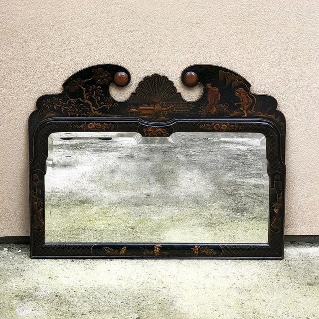 Antique French Chinoiserie Hand-Painted Beveled Mirror is a splendid example of French craftsmanship imitating Oriental...