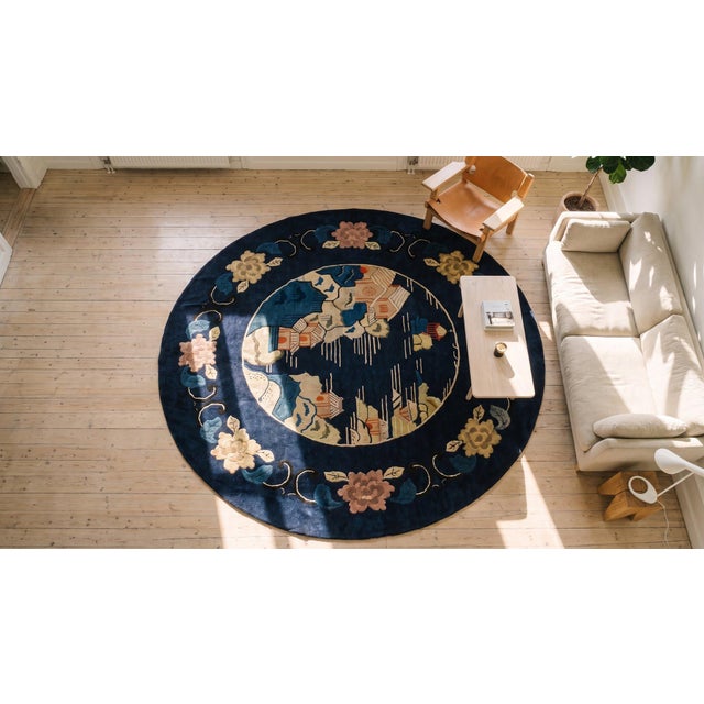 Brilliant Navy Blue Color With Florid and Beautiful Scenery as Design Antique Chinese Peking Rug For Sale - Image 9 of 9