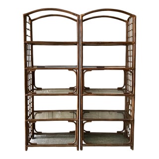 Boho Chic Rattan Arch Top Etageres - a Pair For Sale
