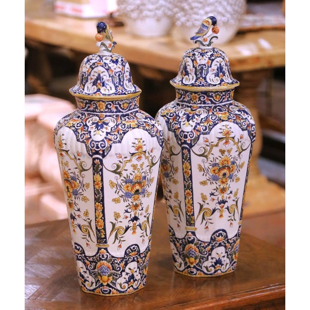 Late 19th Century Pair of 19th Century French Hand Painted Desvres Faience Vases With Lids For Sale - Image 5 of 10