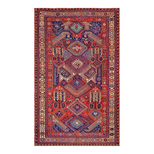 Outstanding Red Rust Color With Geometric Design Antique Caucasian Sumak Rug For Sale