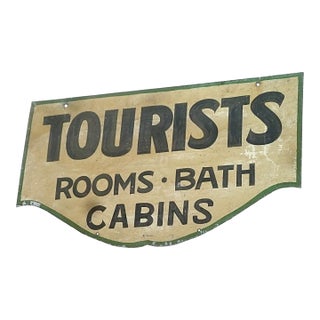 1930s Tourists Rooms Bath Cabins Double-Sided Painted Metal Sign 30” X 17.5” For Sale