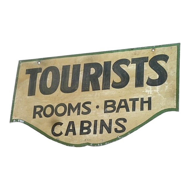 1930s Tourists Rooms Bath Cabins Double-Sided Painted Metal Sign 30” X 17.5” For Sale