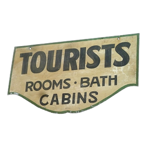 1930s Tourists Rooms Bath Cabins Double-Sided Painted Metal Sign 30” X 17.5”