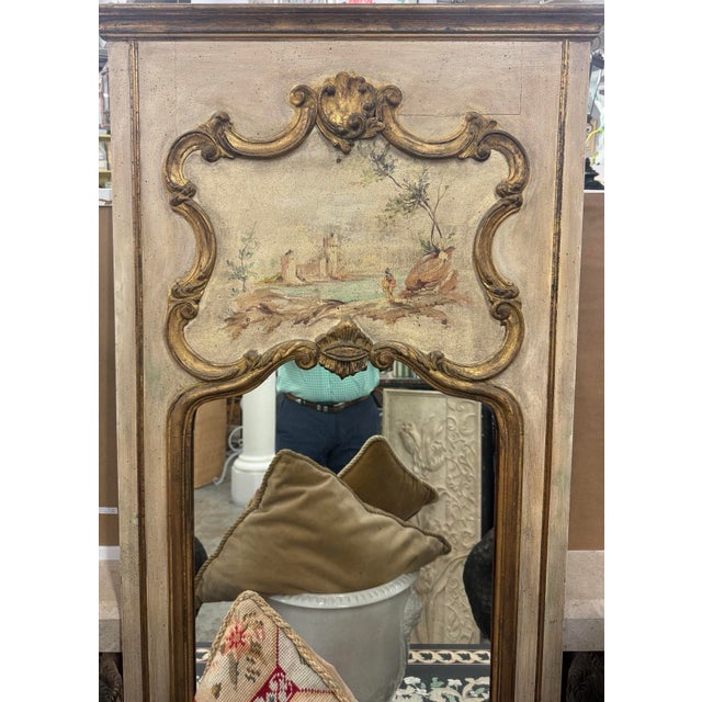 Vintage French Neoclassical Style Trumeau Mirror With Hand-Painted Pastoral Scene For Sale - Image 10 of 10